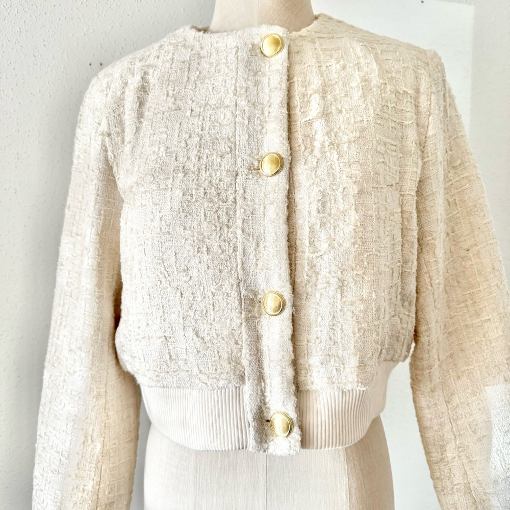 New ZARA Textured Cropped Bomber Jacket Cream Ivory Women's Size Medium Tweed M - Picture 2 of 7